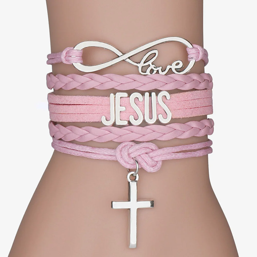 Mixed Color Rope Bracelet Infinity Love Jesus Christian Cross God Charms Pendants Leather Bracelet Unisex Jesus Jewelry 1