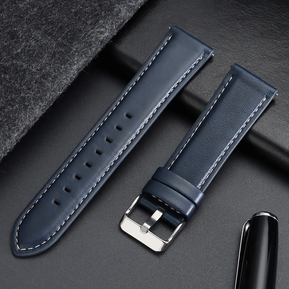 Calfskin Leather Watch Band with Silver Stainless Steel Buckle - Soft Business Wrist Strap