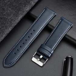 Calfskin Leather Watch Band with Silver Stainless Steel Buckle - Soft Business Wrist Strap - 22mm (Blue)