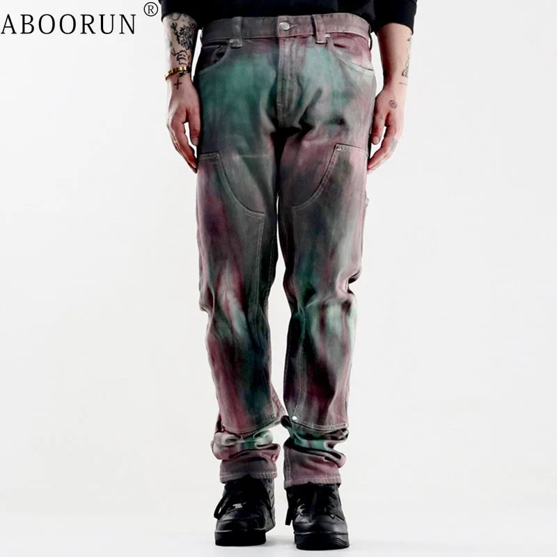 ABOORUN Men Hip Hop Jeans Tie Dye Cargo Denim Pants Hi Street