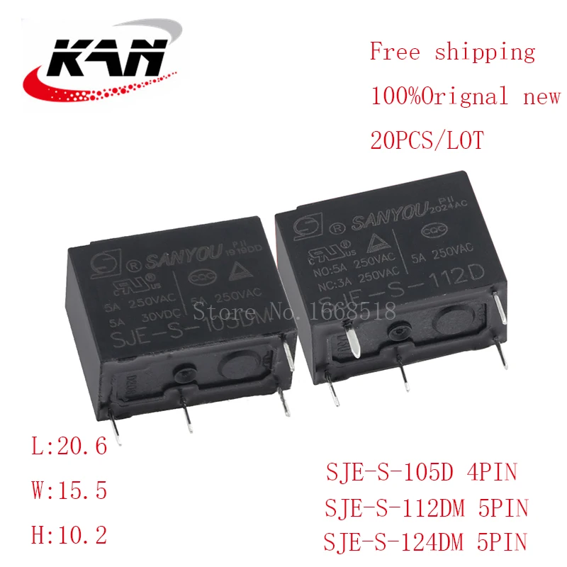 

Free shipping 20pcs relay SJE-S-105DM SJE-S-112DM SJE-S-124DM 5VDC 12VDC 24VDC 5A 250VAC 4PIN Original New