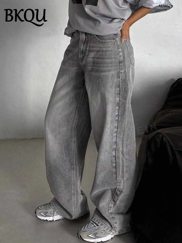 BKQU Gray Vintage Baggy Jeans Woman Streetwear High Waist Y2K Wide Leg Denim Pants Loose Female Hip Hop American Trousers 2000s 3