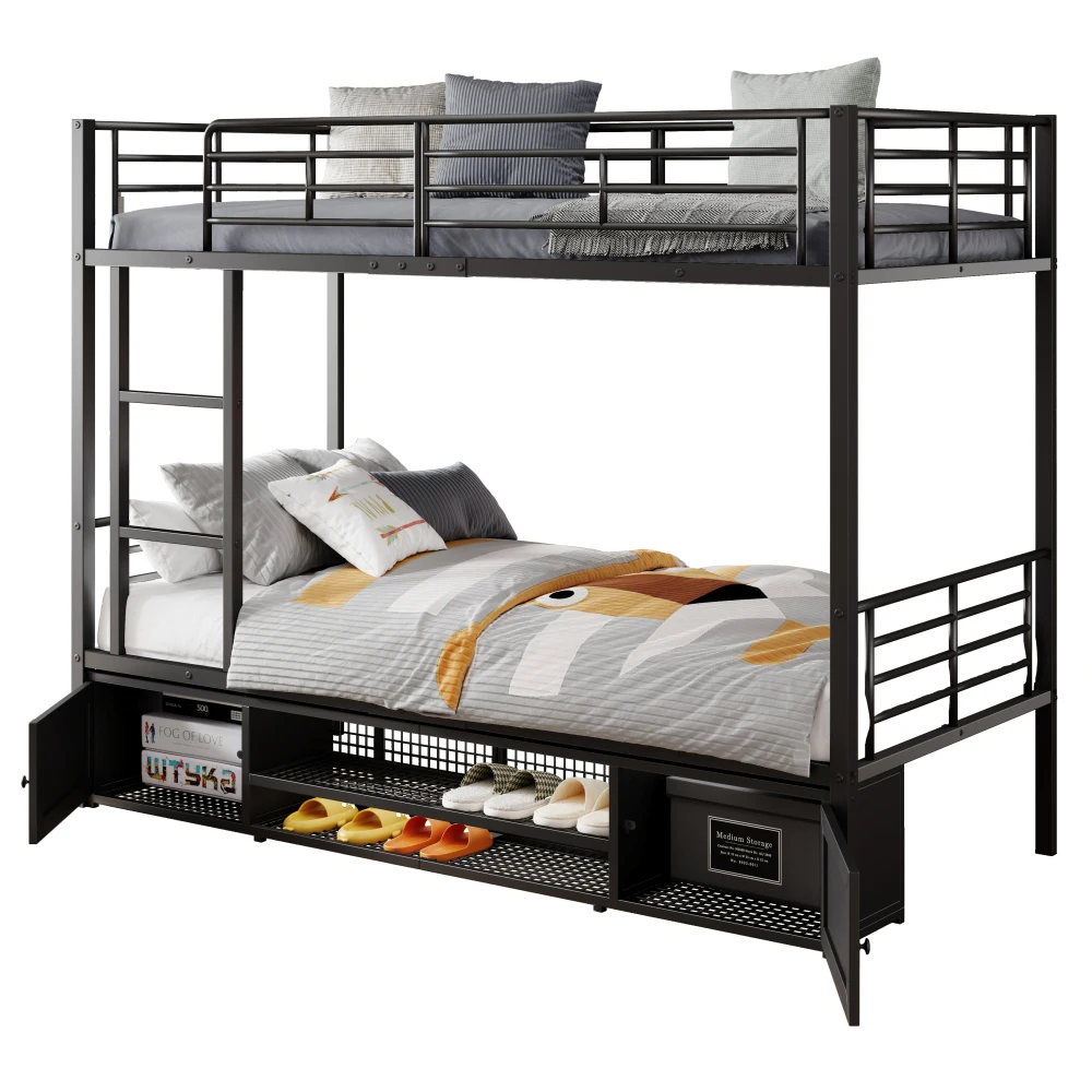 90 x 200 cm großes Bett mit Eisenrahmen, Schuhschrank, kleiner Aufbewahrungsschrank mit Doppeltür, Kinder-Etagenbett mit Seitenleiter und Fallschirmgitter – Detail 18