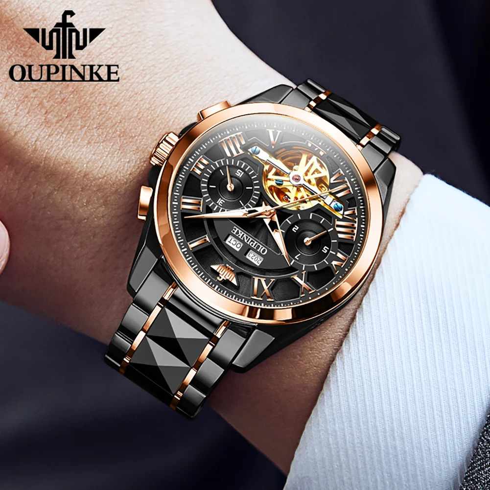 OUPINKE 3236 Men Watch Hollow Skeleton Date Luxury Mechanical Watch For Men Deep Waterproof Roman Scale Male Business Wristwatch