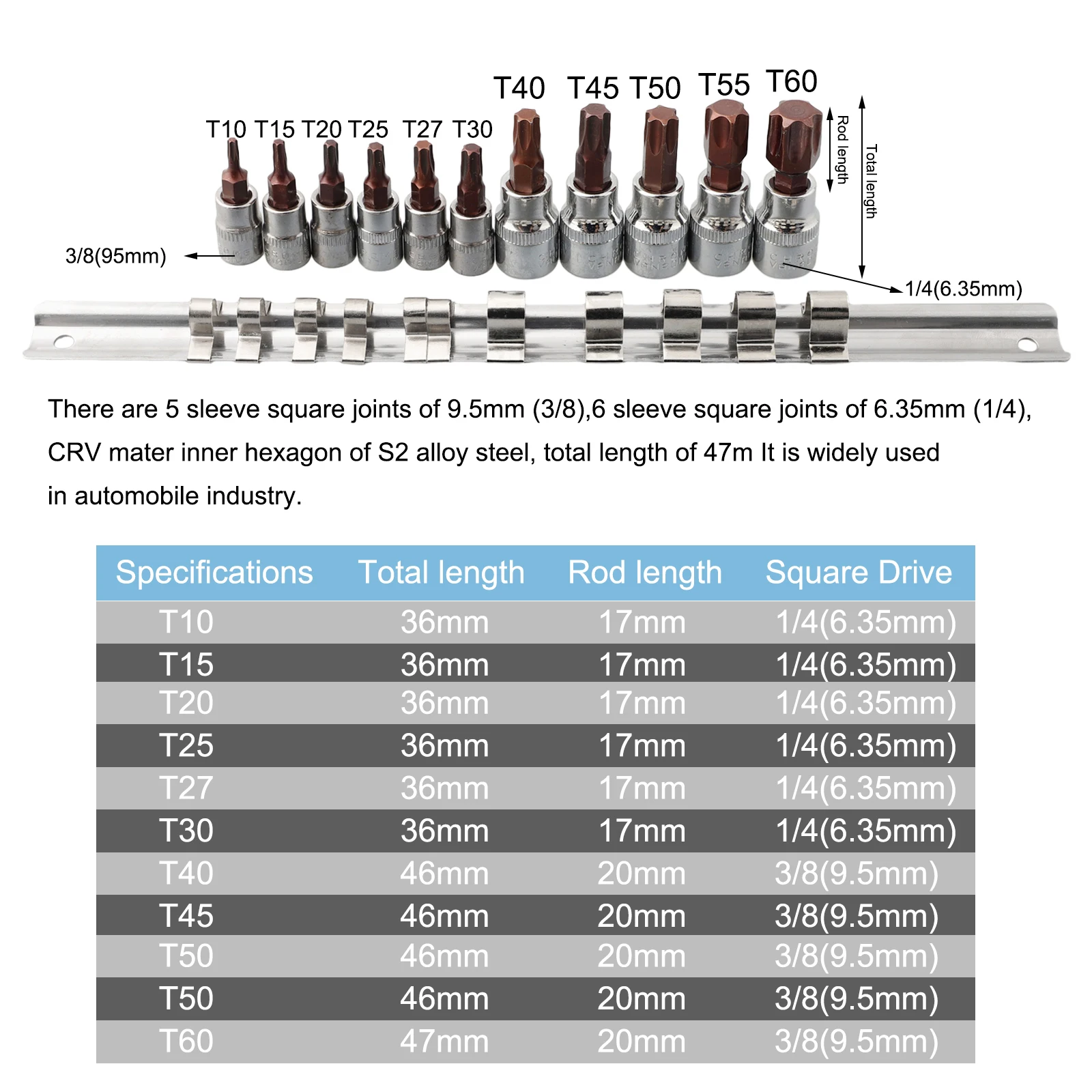 

11pc Press-fit Sleeve Set 3/8'' 1/4'' Drive Alloy Torx Screwdriver Bits T10-T60 Tamper Proof Bit Driver Socket Bit Hand Tools