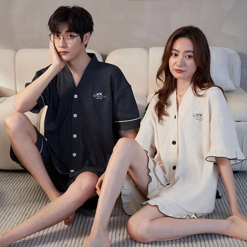 new short sleeve sleepwear couple men and women matching home set cotton pjs cartoon prints leisure nightwear pajamas for summer 2023 New Kimono Cotton Sleepwear for Couples Japan Fashion Homewear Men and Women Matching Pajamas Set For Summer Pijamas