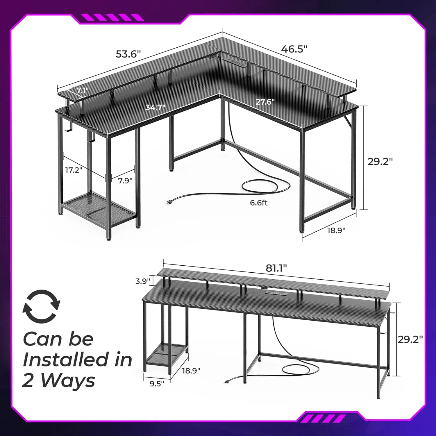 Desk L Shaped Gaming Desk with LED Lights & Power Outlets Computer Desk with Monitor Stand Home Office Desk Corner Desk with