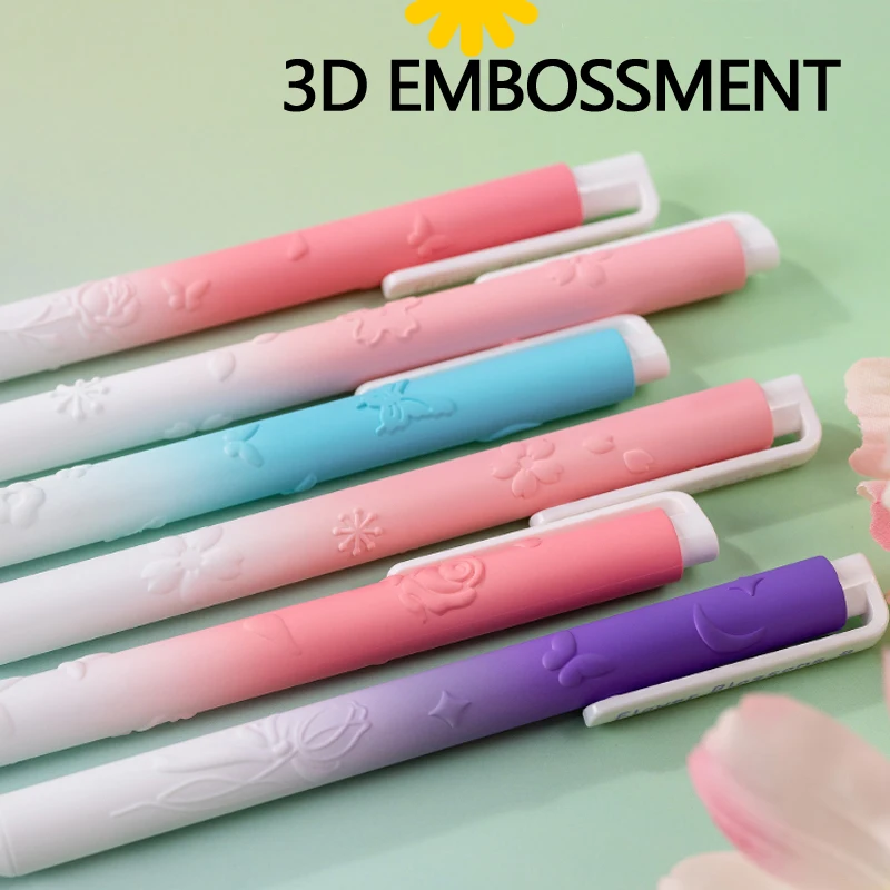 4 Pcs/Box Flower Relief Design Gel Pen 0.5mm Black Quick-Dry Ink Smooth Writing Pen for School Students & Office Stationery