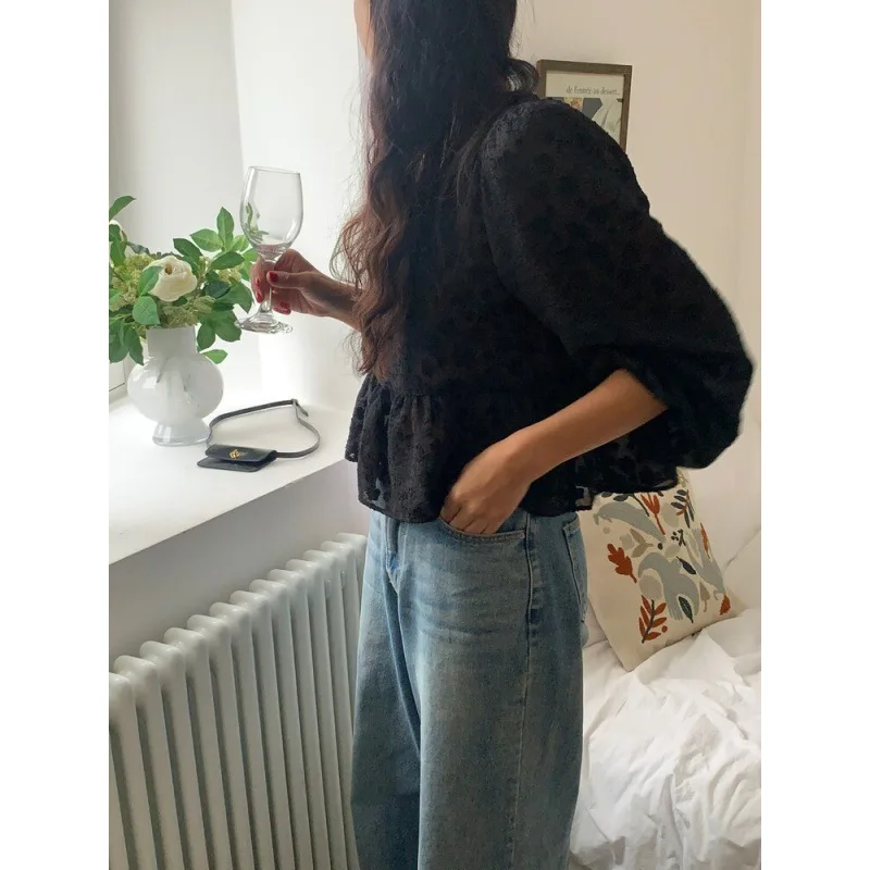 Fashion Commute 2024 Summer New Blouses Women's Solid Color Printed Spliced Ruched Square Neck Loose Long Sleeve Pullover Shirts
