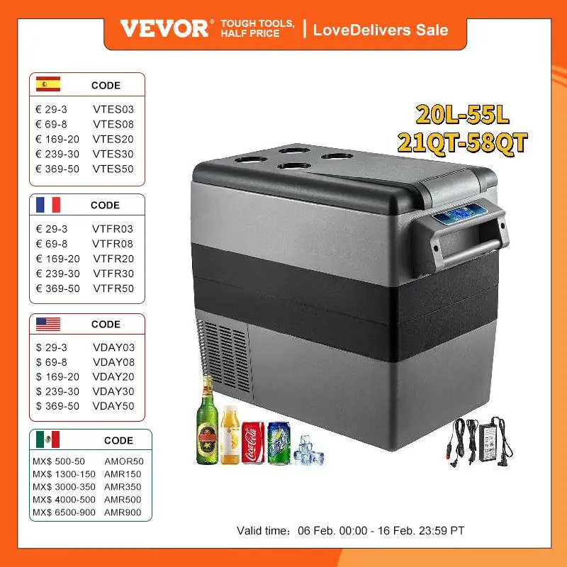 VEVOR Refrigerador para Coche 55 L Mini Caja del Congelador Caja Fresca Mini Frigorífico Coche Mini Nevera -20 a 10 Grados Centígrados para Camping Caravanas Picnics Festivales