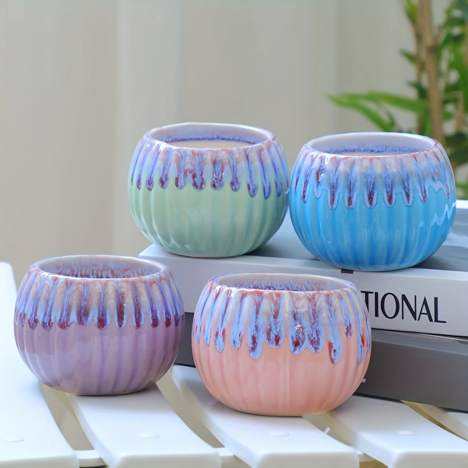 Colorful 4pcs Ceramic Succulent Pot Set-Ideal for Colorful Cactus & Horticulture in Small Spaces