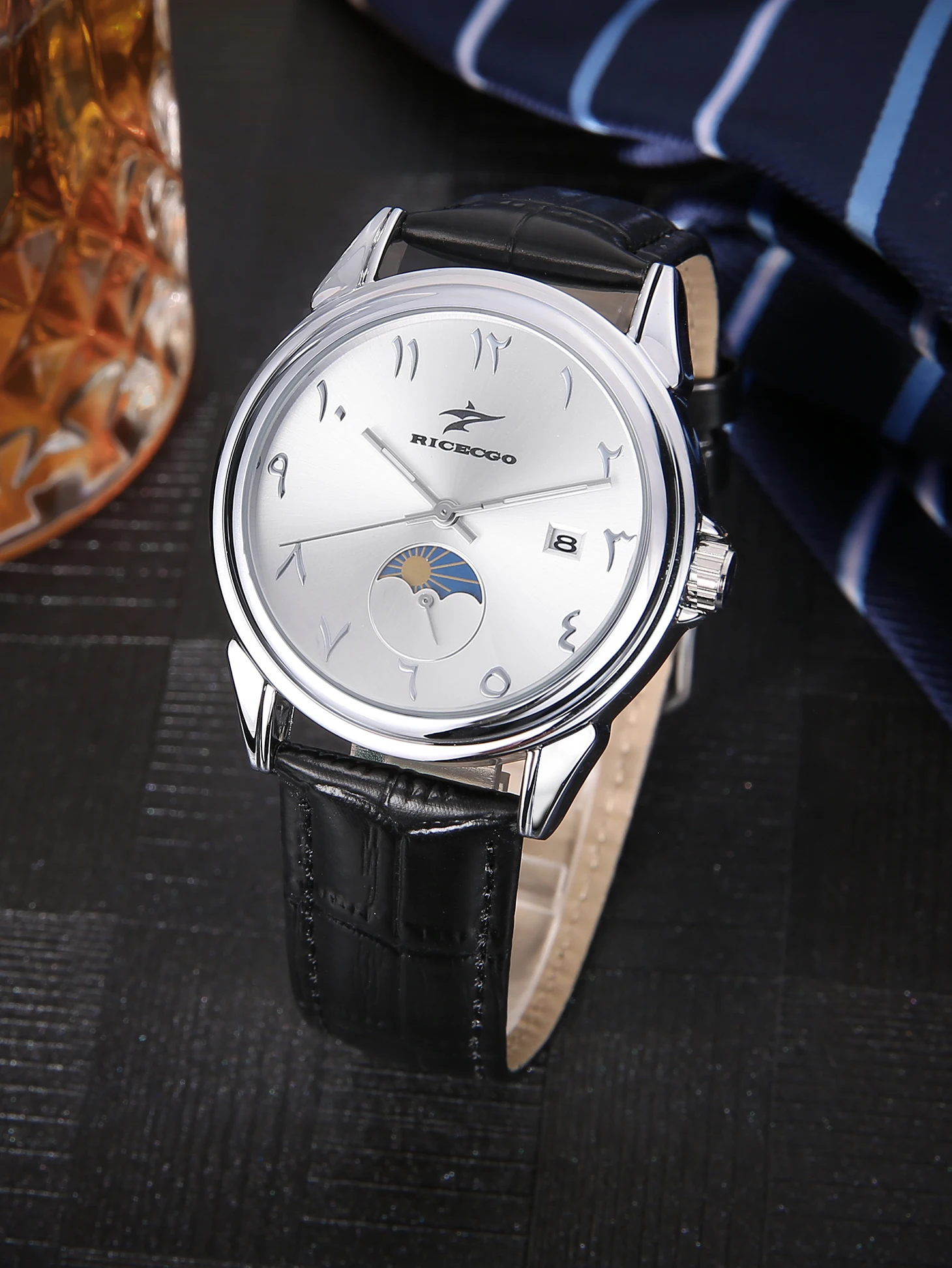 Men's quartz wristwatch, equipped with a calendar, leather strap, and glowing hands suitable for a vibrant lifestyle - 2