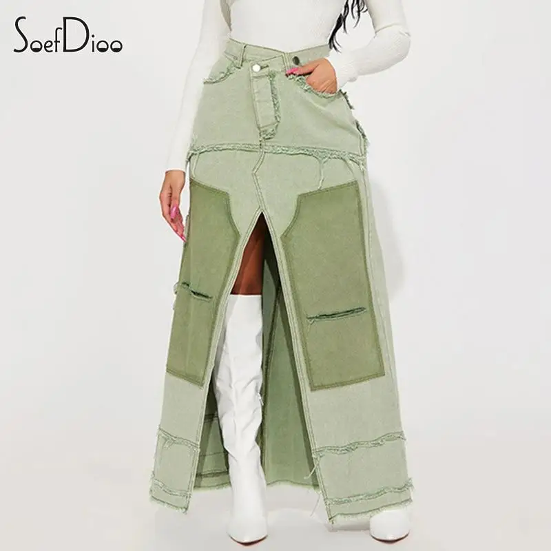 

Soefdioo Fashion Patchwork Ripped Irregular Denim Skirt Women High Waist Split A-Line Maxi Skirts Fall 2023 Harajuku Streetwear