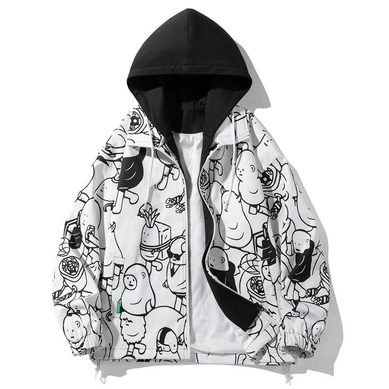 

Куртка мужская демисезонная с капюшоном и принтом граффити, Повседневная Уличная одежда на молнии в Корейском стиле, стиль Харадзюку, весна