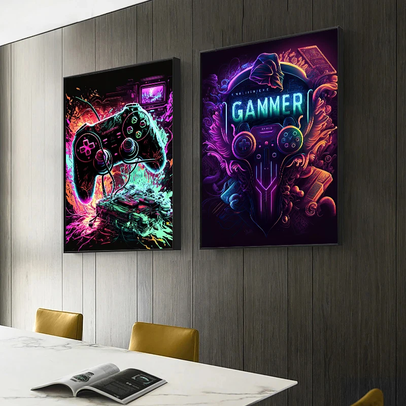 Cool Gaming Wall Art Canvas Painting, Colorful Gamer Controller, Neon Pop Poster and Print, E-sports Room Decor, Gift, No Lights
