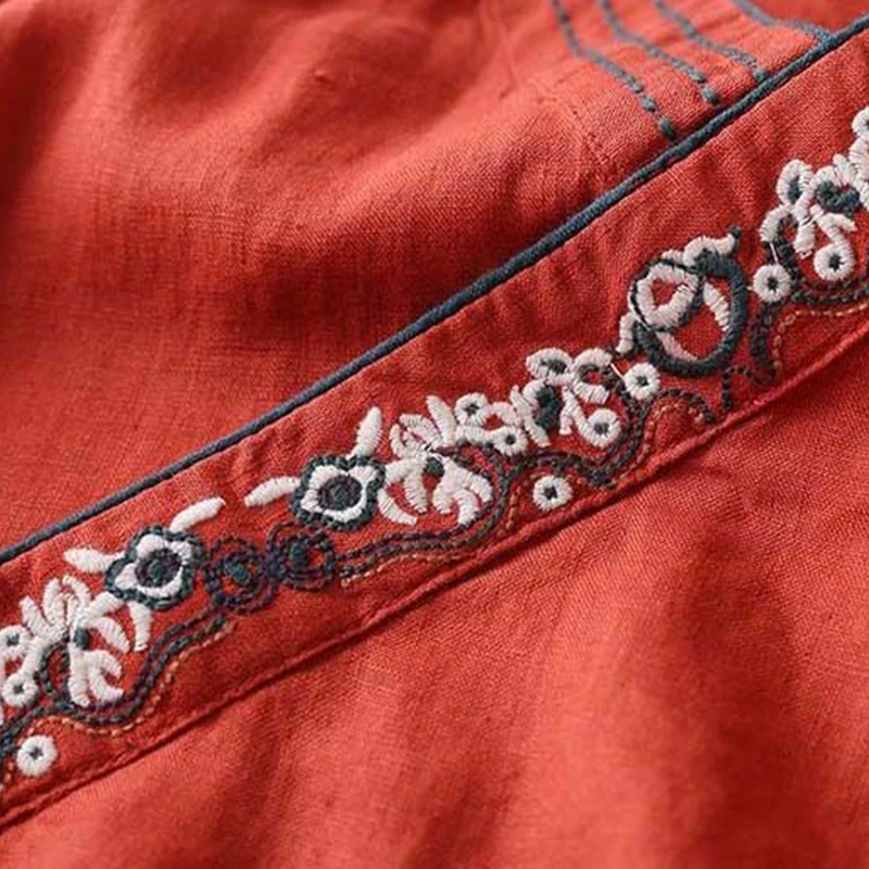 Chinese Style Women Summer Blouse Literary Retro Cardigan Ethnic Cotton Linen Embroidered V-Neck Shirt Oriental Hanfu Tops