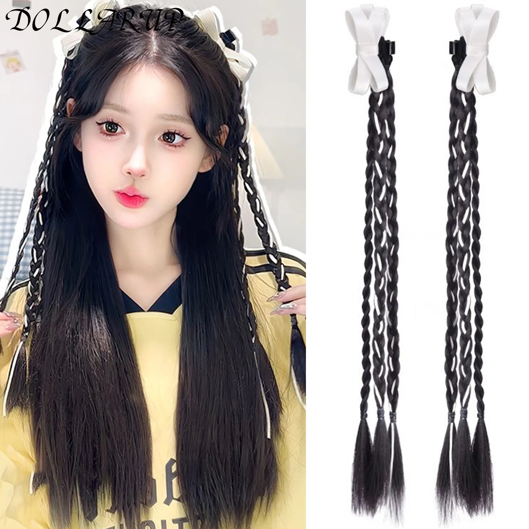 Bow clip Synthetic Boxing Braids Ponytail For Women Natural Twist Long Braid Female two Ponytail Boxing Braided Hair Wig Grip