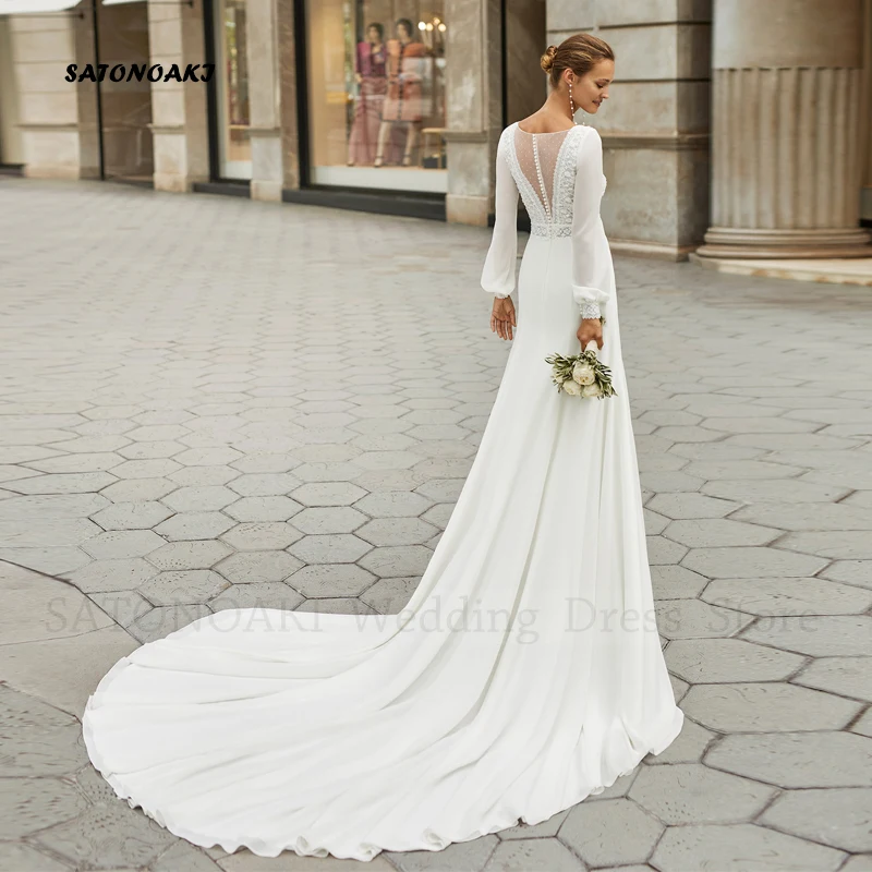 Elegant Sexy Ivory Boho V-Neck Lace Chiffon Wedding Dress for Women Puff Sleeve A-Line Bridal Gown Vestidos De Novia Robe Mariée