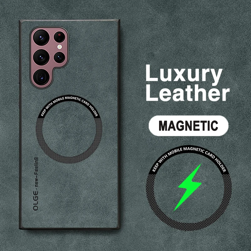 Magnetic Leather Case with Wireless Charging - Luxury Soft Cover