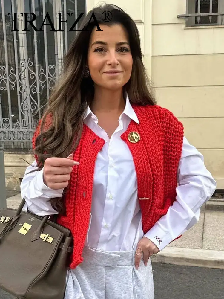HH Women's Fashion Red Cropped Knitted Vest Elegant Gold Buttons O Neck Sweater Cardigan Spring Y2k Female Streetwear