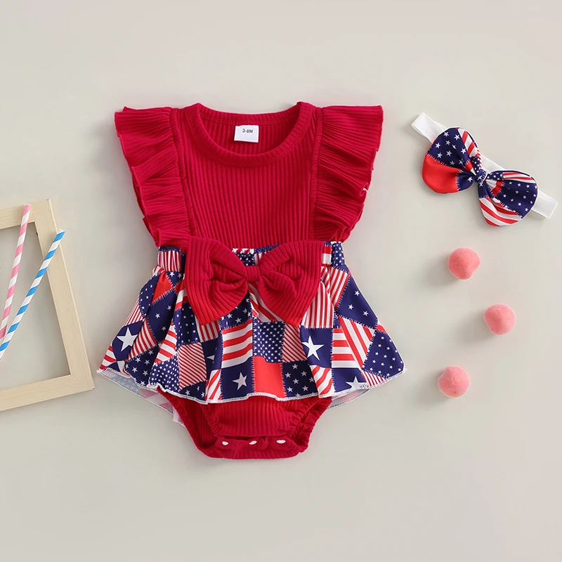 

0-12M Toddler Baby Girls Clother Set 2023 New Summer Tutu Romper Ruffle Sleeve Flag Print Patchwork Playsuit with Headband Sets