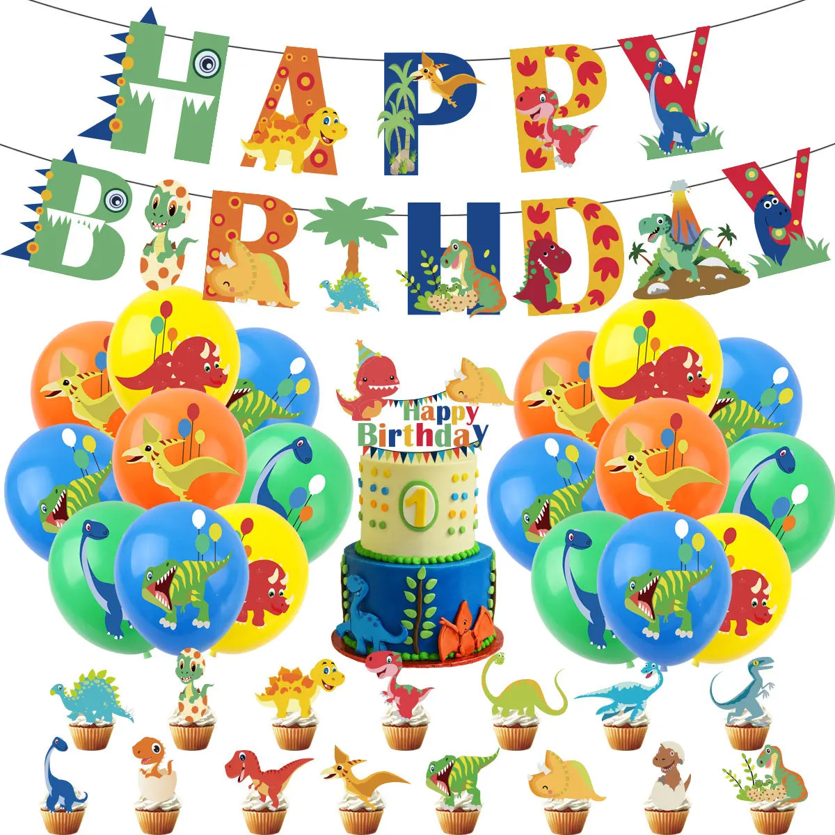 Dinosaur Theme Diy Party Decoration Happy Birthday Banner Flag Dino Latex Balloons Cake Topper Kids Jungle Safari Birthday Decor