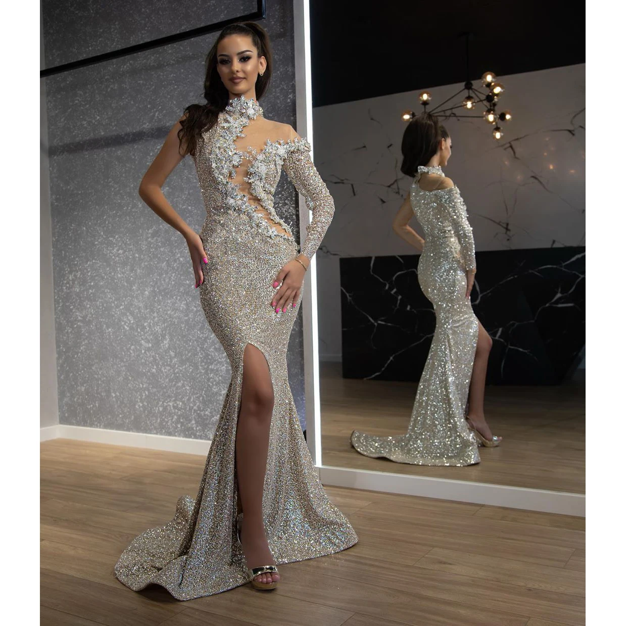 

Sparkly Split Evening Dress Long Sleeve Floor Length Elegant High Neck Special Party Costume Vestido Feminino Festa Luxo
