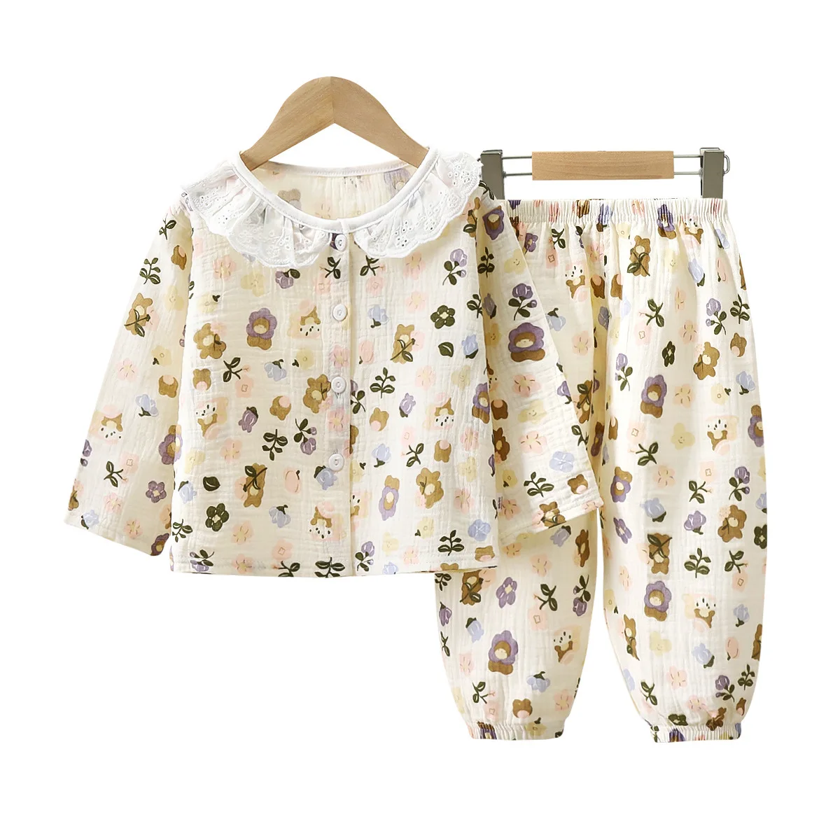 2Pcs Girls Summer Cotton Gauze Thin Pajamas Home Wear Cartoon Floral Print Long Sleeve Lace Trimmed Sleepwear Baby  Clothing Set