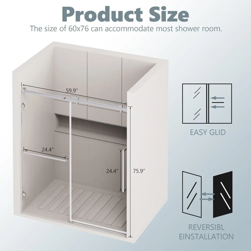 Frameless Shower Glass Door, 60" W x 76" H Sliding Shower Door with 5/16" Glass Door, Seal Strip Handle Smooth Track Shower Door 2