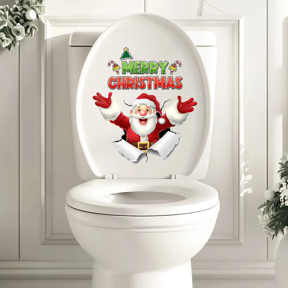 Santa Claus Christmas Toilet Lid Decal Bathroom Decor Sticker Easy Stick-On Reusable & Removable Wall Art for Christmas Gift