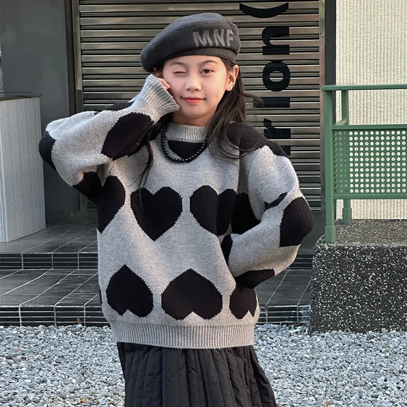 가을 겨울 십대 소녀 회색 검정색 러브 자카드 스웨터 4 6 8 10 12 14 주니어..
