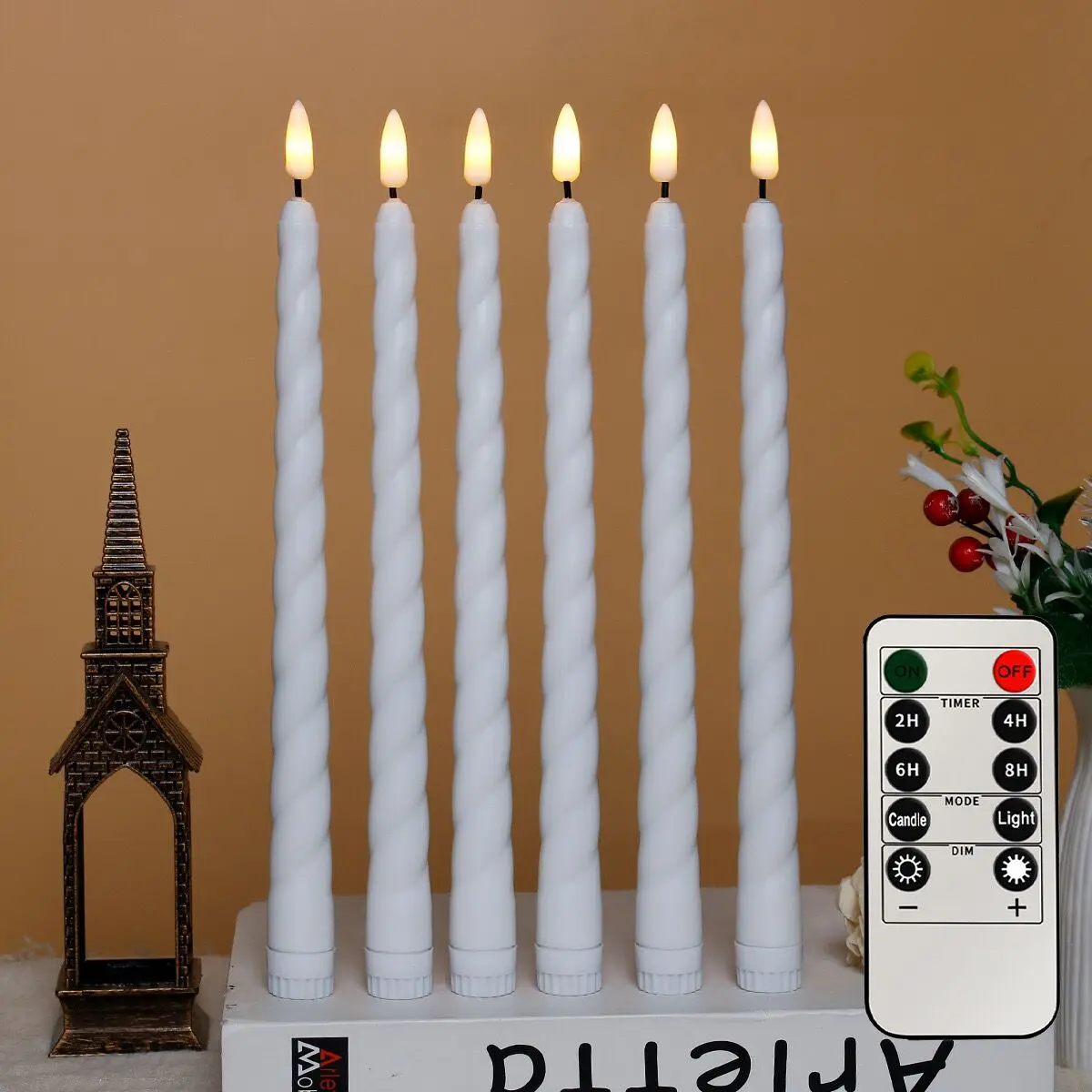 6 Pack 11 Inch 3D Flickering LED Taper Candle Light Battery Operated Spiral Candle Lamp for Table Decoration, 28cm