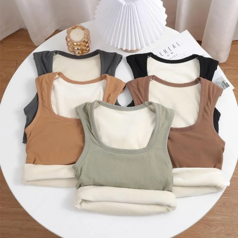 

Winter Velvet Thickened Undershirt Women Solid V-neck Slim Cozy Thermal Underwear Camisole Warm Sling Vest Top Bottoming Clothes
