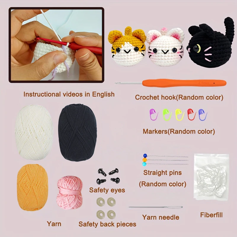 Crochet Kit 3pcs Cat Amigurumi Beginner Step-by-Step Video Tutorial DIY Crochet Cats