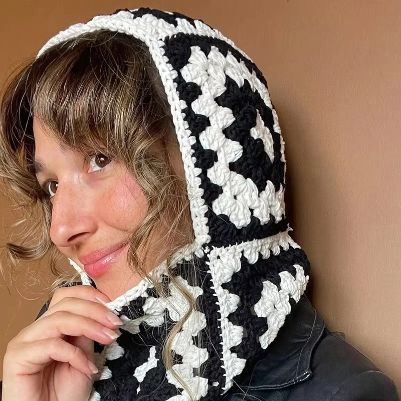 Autumn Winter Balaclava Hats for Women Handmade Crochet Knitted One-Piece Beanies Retro Floral Square Woolen Caps Earflap Bonnet 3