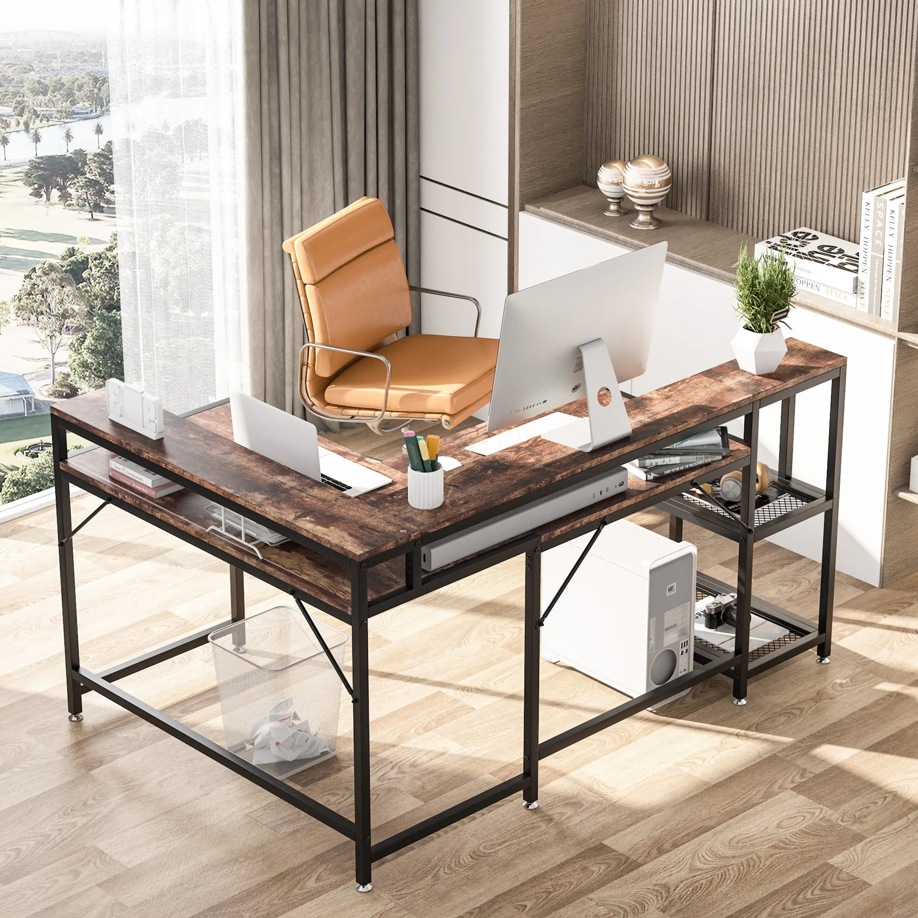 Tribesigns 69 Inch L Shaped Desk with Monitor Stand Large Reversible Corner Desk with Storage Shelf Industrial Computer Table