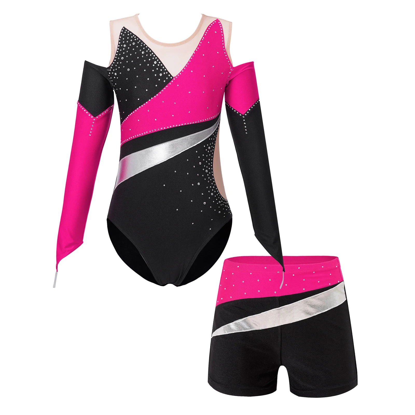 Kids Girls Ballet Dance Sets Sports Gymnastics Workout Dancewear Rhinestone Leotards with Shorts Figure Skating Dance Costume ballet leotard,dance leotard,girls dance costumes