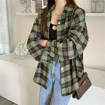 Women Tartan Shirt Long Sleeve Collared Button Up Oversized Plaid Shirt Flannel Jacket Grunge Teenage Girl Spring Summer Outfit 4