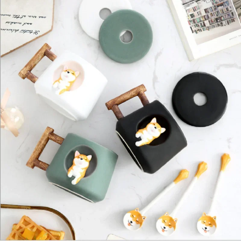 

Spoon Water Ceramic Mug Personality Tea For Milk Cute With Lid Household Set Coffee Cup Couple Shiba Gift Creative Inu