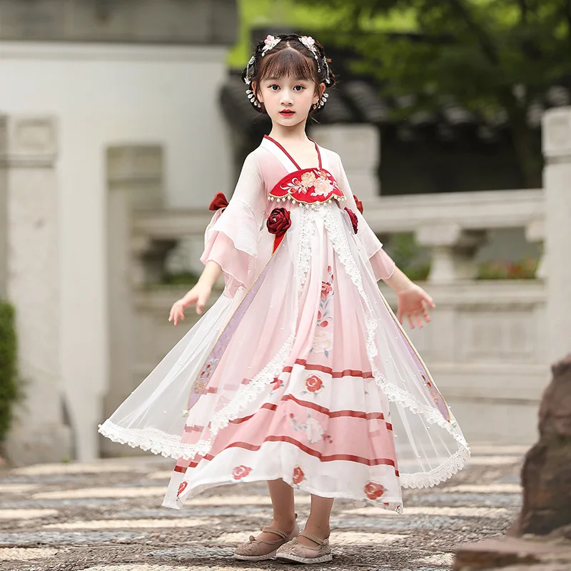 

Girls Hanfu Fairy Light Pink Floral Embroidery Dress Spring Autumn Kids Ancient Costume Tang Suit