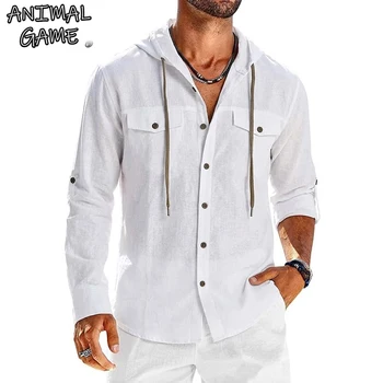 Cotton Linen Shirt for Men Casual Shirts Long Sleeve Henley Beach Shirts Hawaiian T Shirts for Men Lightweight Button Hooded Tee 1