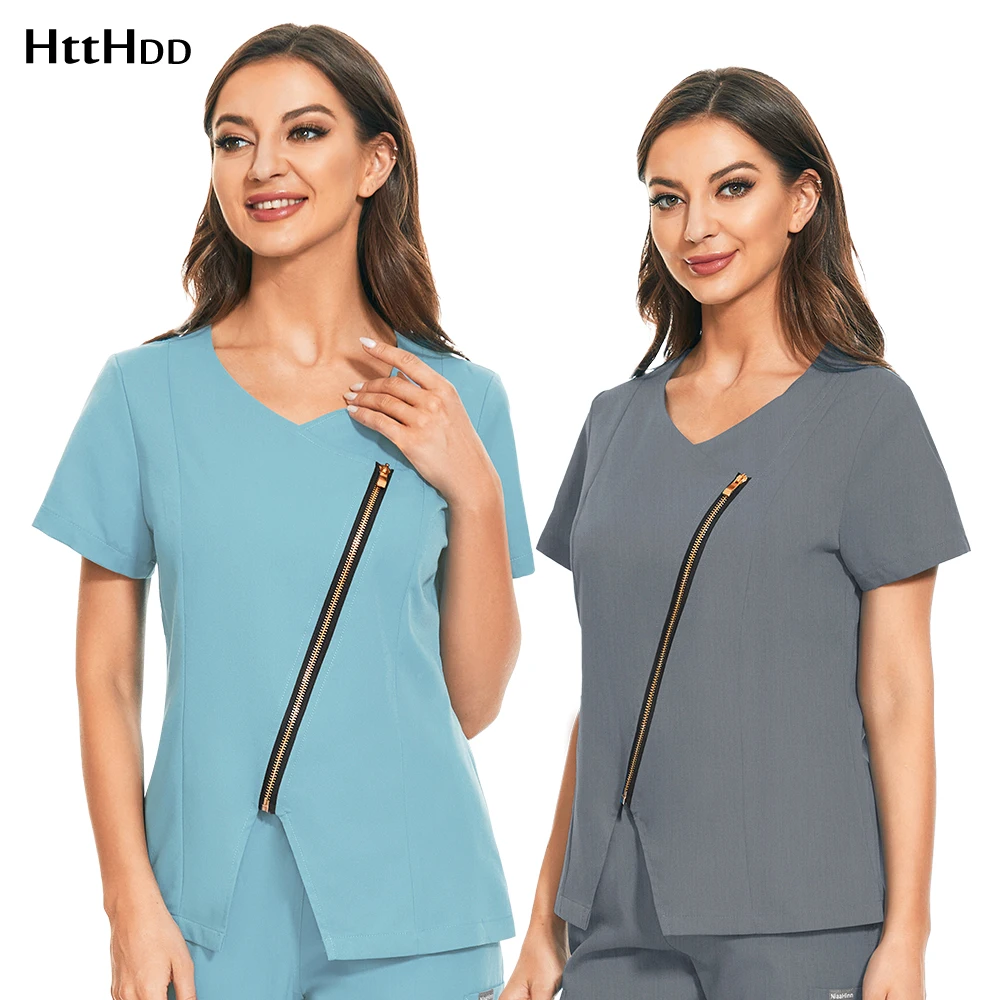 

Women Scrub Tops V-neck Zipper Fashion Nurses Shirt Spa Uniforms Dentist Veterinary Medical Scrubs Lab Coat Beauty Salon Uniform