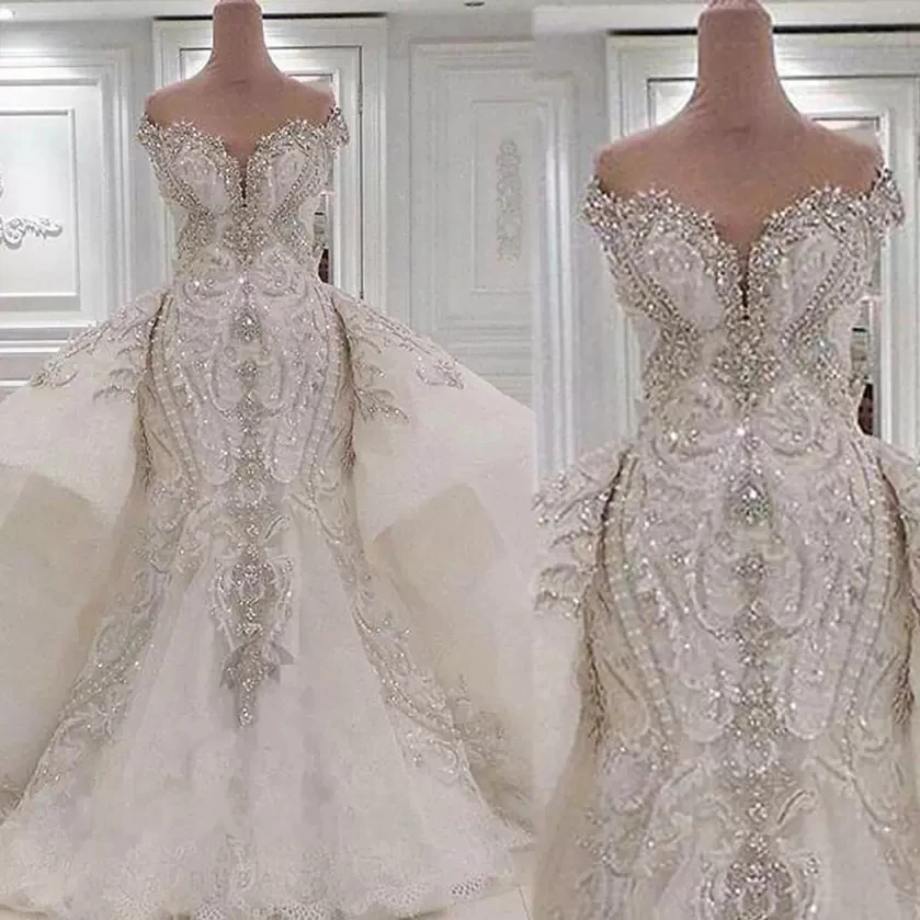

Mermaid Crystal Luxury Wedding Dresses With Overskirts Lace Ruched Sparkle Rhinstone Bridal Gowns Dubai Vestidos De Novia Custom