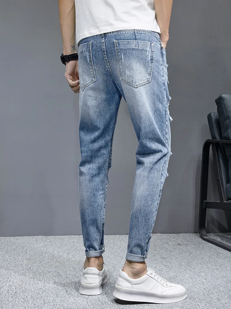 New Ripped Jeans Men's Streetwear Fashion Korean Youth Slim Little Feet Denim Trousers Stretch Cotton Ankle Length Pants Male