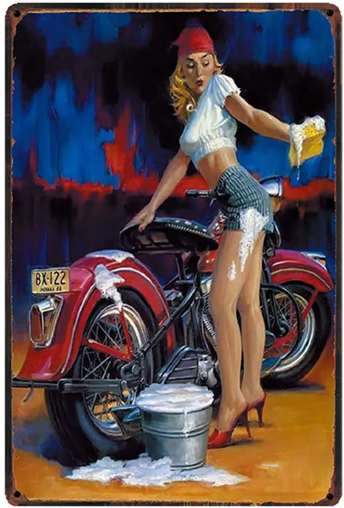

Original Retro Design Motorcycle Washing Girl Tin Metal Signs Wall Art | Thick Tinplate Print Poster Wall Decoration for Garage