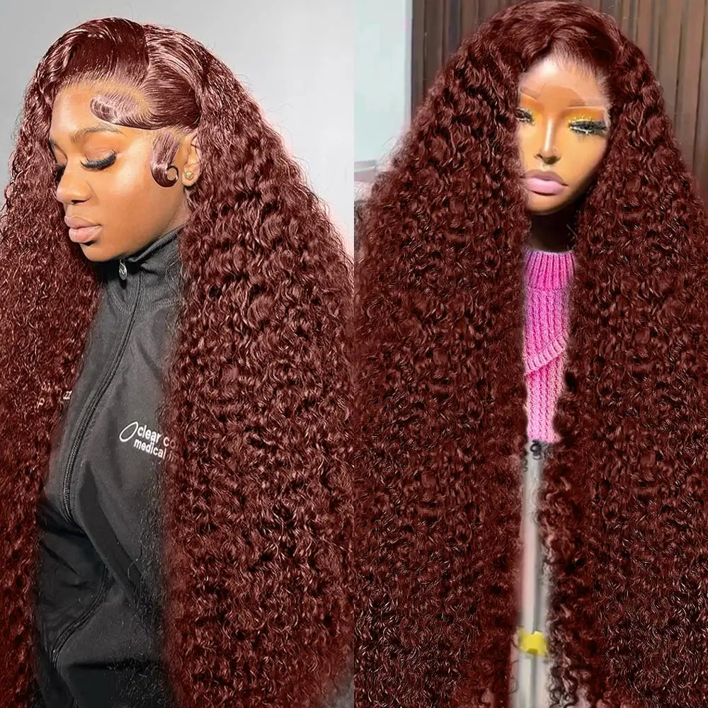 

Reddish Brown Deep Wave 13x6 HD Lace Frontal Wig Remy Pre Plucked Colored Water Curly 13x4 Lace Front Human Hair Wigs For Women