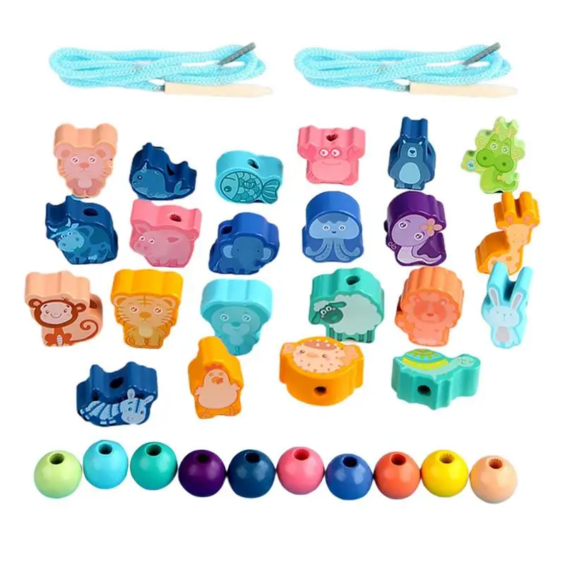 

Wooden Toys Baby DIY Toy Cartoon Fruit Animal Traffic Stringing Threading Wooden Beads Toy Montessori Educational Toys For Kids