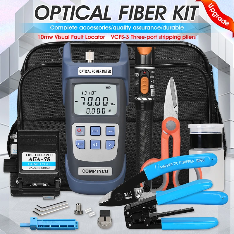 20pcs/lot FTTH Fiber Optic Tool Kit with -70~+10dBm/-50~+26dBm Optical Power Meter and 10MW Visual Fault Locator fiber optic ftth tool kit with fc 6s fiber cleaver and optical power meter visual fault locator wire stripper best price
