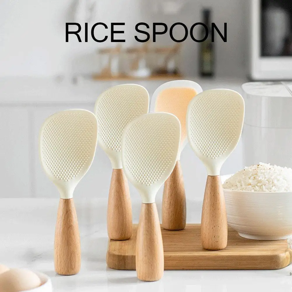 Silicone Rice Spoon Non-stick Cooking Spoon Anti Scalding Paddle Shovel Spatula Wooden Handle For Tableware Kitchen Gadgets
