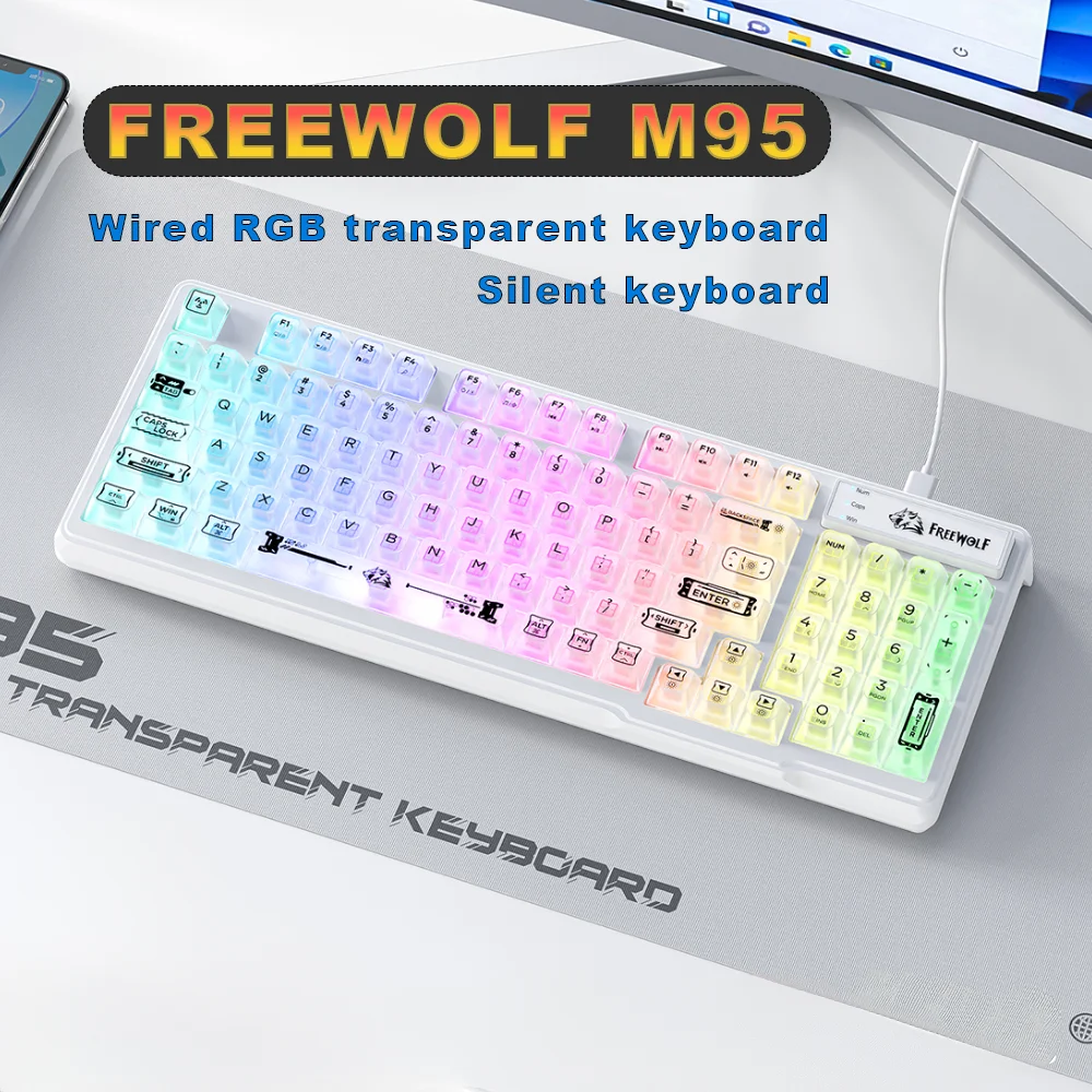 프리울프 M95 무소음 게이밍 키보드 유선 투명 RGB 조명 멤브레인 키보드 컴팩트 인체공학적 게이밍 노트북 PC용